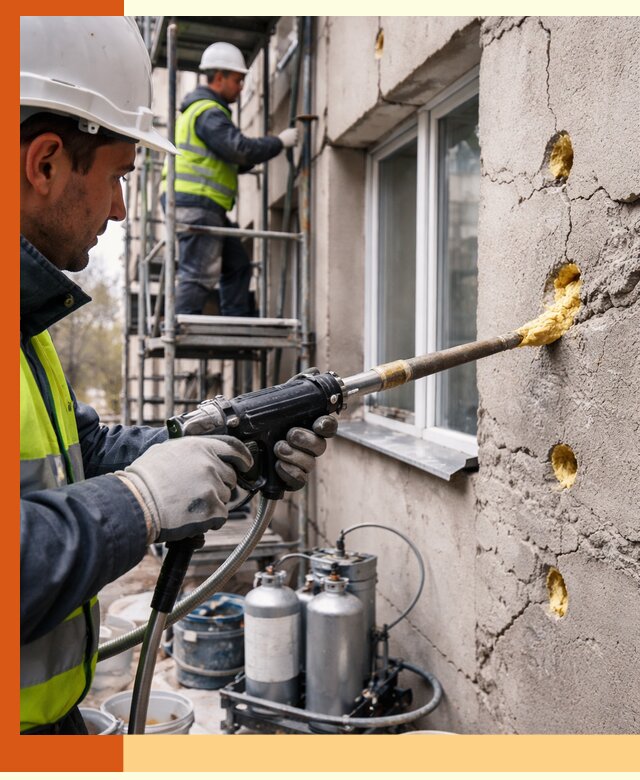 Заполнение пустот в фасаде и утепление стен в Азове